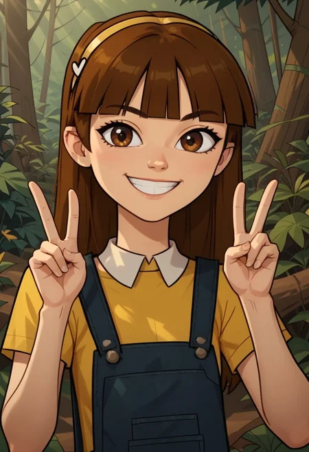 ((forest background)),score_9, score_8_up, score_7_up,score_6_up,
1girl, solo, Fiore_DC, light skin, brown eyes, dark brown hair, long straight hair, bangs, yellow headband with a white heart design, dark blue overalls, yellow shirt with a white collar, white socks, light yellow sports shoes, big eyes, medium stature, social smile, perfect eyes, perfect smile, looking at the viewer, detailed eyes, perfect eyes, standing, (front pose, bust shot, close up to face, face portrait:1) five fingers, perfect hands, hands sign peace