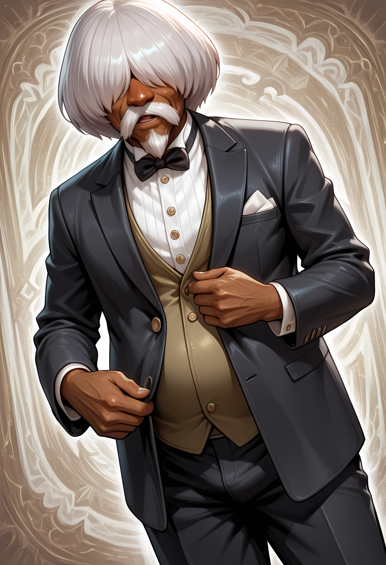 masterpiece, best quality, amazing quality, dutch angle, abstract background, BREAK
1boy, solo, male focus, old man, kof_gentsai, grey hair, hair over eyes, facial hair, dark skin, chubby, tuxedo, formal, bow tie, BREAK
<lora:cfg_scale_boost:.6>  <lora:Chin_Gentsai_-_King_of_Fighters_-_ILXL:1>