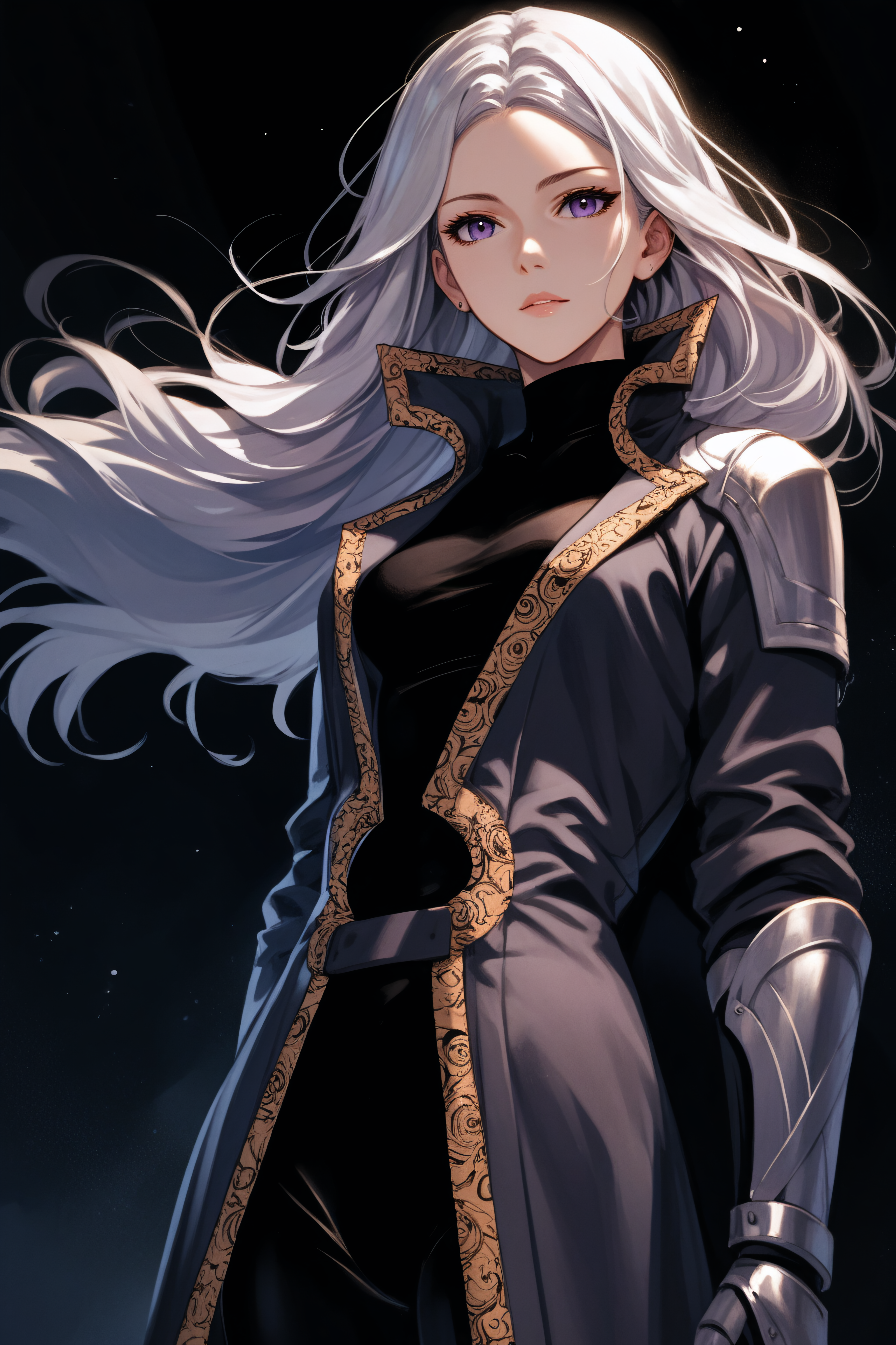score_9, score_8_up, score_7_up, score_6_up, source_anime, <lora:Luna Runcandel-PonyXL-lora-Faxtron:1> luna runcandel, purple eyes, white hair, long hair, medium breasts, coat, bodysuit, gauntlets, pauldrons, standing,