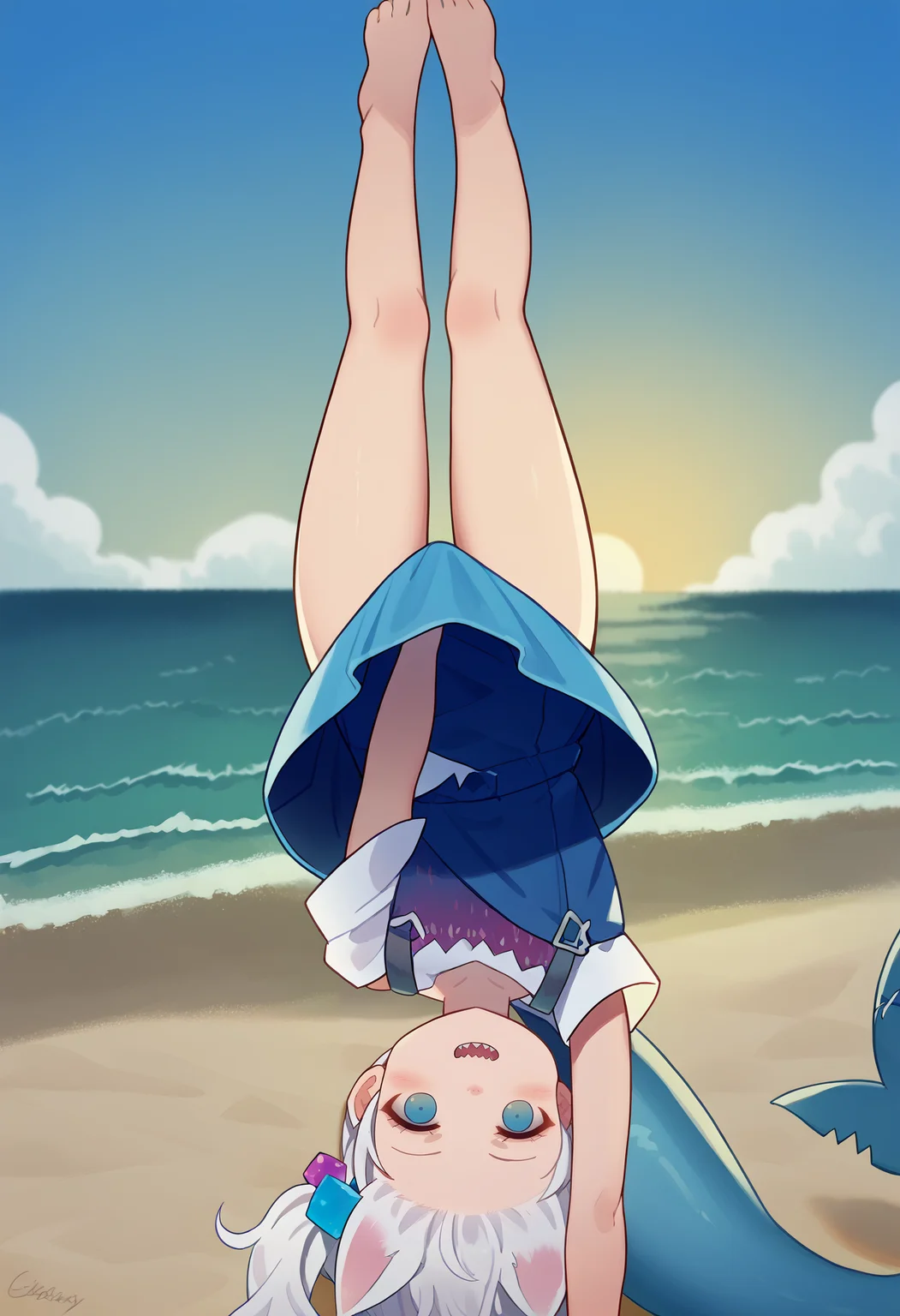 score_9, best quality, masterpiece, uncensored, source_anime
BREAK
1girl, upside-down, lycoris challenge \(meme\), one arm handstand, covering privates, covering crotch, shark girl, sharp teeth, outdoors, beach, sea, sun, sky, feet out of frame, gura_casual, cat ears, blue dress, white shirt, side ponytail, cube hair ornament, shark tail
<lora:lycoris_meme_pony_v1:0.8> <lora:muk_pony_v2:1> <lora:gawr_gura_sdxl_pony:1.0>