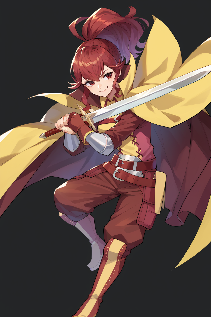 score_9, score_8_up, score_7_up, score_6_up, source_anime BREAK 1girl, solo, <lora:feanna-pdxl-nvwls-v1-000005:1>  <lora:feh-style-richy-v1_pdxl:1> fe13Anna, red hair, ponytail, red and yellow tunic, maroon cape, belt, fingerless gloves, red pants, boots, fehatk, full body, standing, black background, simple background, holding sword, smug, smirk, jumping
