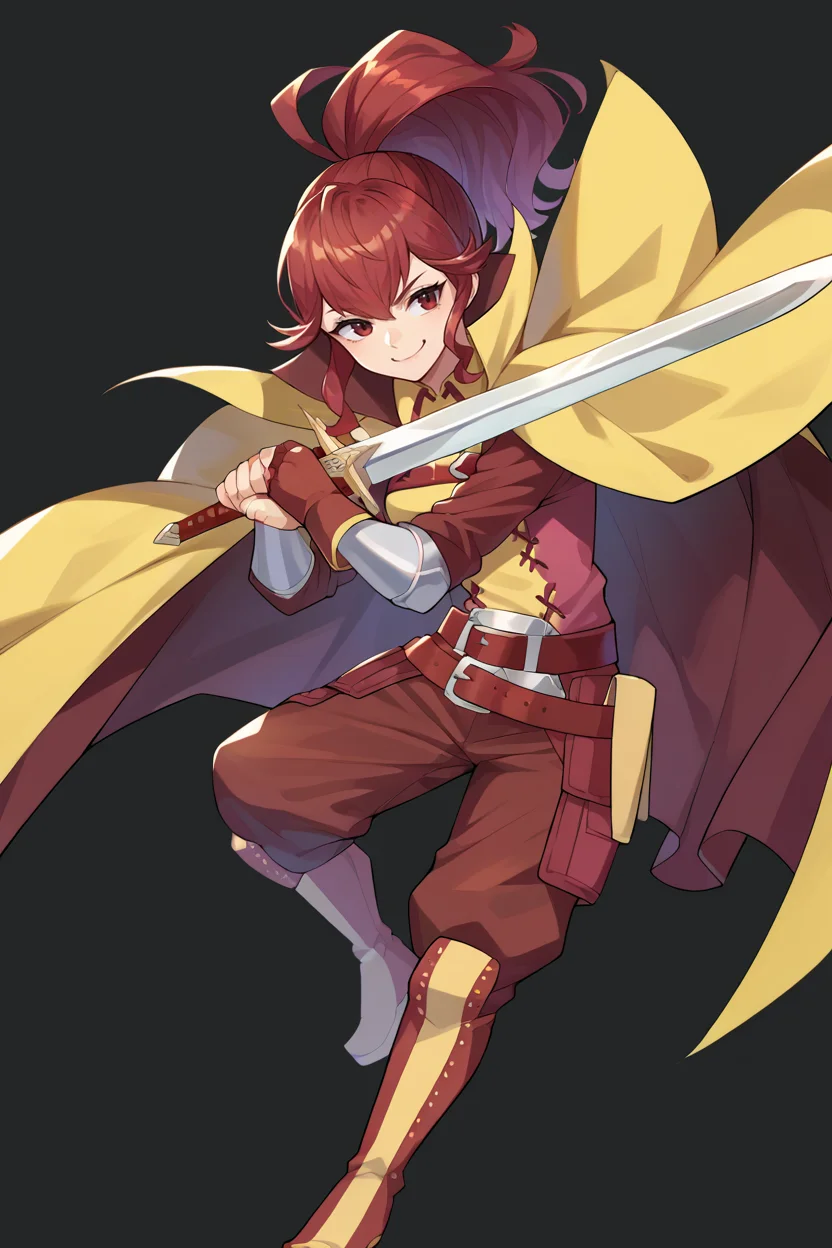 score_9, score_8_up, score_7_up, score_6_up, source_anime BREAK 1girl, solo, <lora:feanna-pdxl-nvwls-v1-000005:1> <lora:feh-style-richy-v1_pdxl:1> fe13Anna, red hair, ponytail, red and yellow tunic, maroon cape, belt, fingerless gloves, red pants, boots, fehatk, full body, standing, black background, simple background, holding sword, smug, smirk, jumping