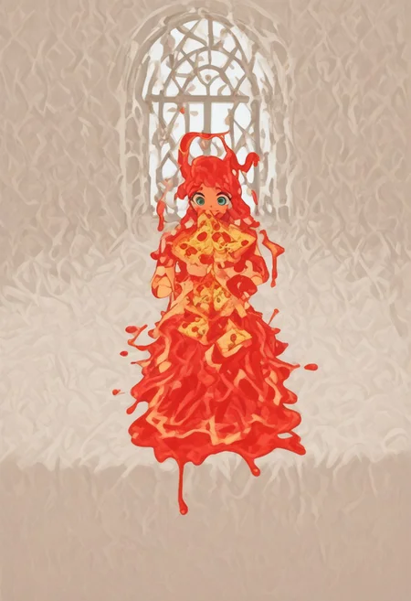 red slime girl ((eating pizza)) pizzasdx, looking at viewer (pizza melting:1.5) medieval bedroom background, masterpiece, full body sitting on bed, white bed, bed, white sheets, window, good light, perfect hands, good hands (hands on pizza)