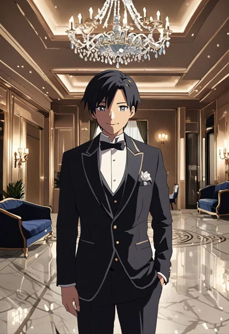 Highres, Masterpiece, High Quality, 4K, 8K, solo, 1Boy, Takaki Toono, adult, black hair, short hair, ballroom, luxury hotel, luxury room, marble floor, crystal chandelier, classic ornaments, tuxedo, smile, musterius, classy, confident, rich, easynegative, detailed_eye_model