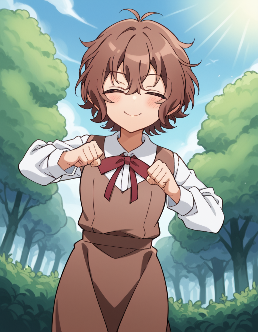 score_9, score_8_up, score_7_up, source_anime, <lora:spyroom-sara-s2-ponyxl-lora-nochekaiser:1>, sara, short hair, bangs, brown hair, brown eyes, hair between eyes,, shirt, long sleeves, dress, bow, school uniform, white shirt, collared shirt, red bow, neck ribbon, brown dress, Outdoors, nature, scenery, open space, sunlight, smile, <lora:shikairo-days-dance-ponyxl-lora-nochekaiser:1>, shikairo days dance, shikairo days dance (meme), dancing, meme, closed eyes, clenched hands, glowsticks, blush, smile,, looking at viewer, solo,, dutch angle, cowboy shot