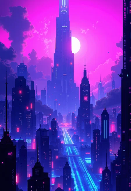 bo-neon, a digital artwork depicting a futuristic cityscape at night, the scene is dominated by towering skyscrapers of various sizes and shapes, illuminated by neon lights in shades of pink and blue, creating a surreal and otherworldly atmosphere, the buildings are rendered in a gradient of dark blue to light pink, with some areas appearing darker and others lighter, adding a sense of depth and dimension to the scene, the sky is filled with swirling, ethereal clouds, transitioning from a deep pink at the top to a lighter shade at the bottom, the cityscape is bathed in a soft, glowing light, enhancing the ethereal and dreamlike quality of the artwork, the overall composition is dynamic, with the buildings appearing as if they are floating in the air, and the neon lights adding a futuristic touch, the artwork is highly detailed, with a focus on texture and depth, typical of high-end digital art<lora:Flux\boFLUX Neon Abyss.safetensors:1.0:1.0>