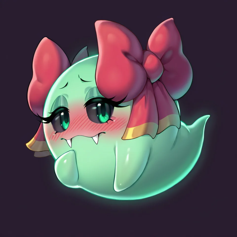 (embarrassment.2, embarrassed, shy, blushing,), <lora:Boo:0.9>, (solo:1.2), (lady bow:1.2), boo \(mario\), bow \(mario\), green skin, shiny skin, floating, full body,  green eyes, black sclera, long eyelashes, fangs, bow ribbon, not furry, sphere creature, round body, looking at viewer, simple background, dark background,
masterpiece, best quality, good quality, newest, very awa, absurdres, highres,