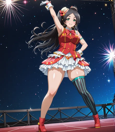 PonyScores7, source_anime, ah1, BREAK 1girl, (curly hair), long hair, (black hair:1.3), mature female, (parted hair:1.7), (round face:1.2), (thick eyebrows), (curvy), round-chin, (greenish hazel eyes), caucasian, (downturned eyes:1.2), (plump face), <lora:ETO_OCPonyXL:0.5> eto_oc, skindentation, (plump), thick thighs, wide hips, busty, voluptuous, kinky curls, lips, <lora:venus body PonyXL:0.4>,  (shy, blush, smirking at viewer), (a dancer stands with feet apart, one hand on their hip and the other arm raised, exuding style), (stage, stage lights), looking at viewer, (<lora:miku_cosplay_magicalMirai2019_v1:0.8> hatsune miku cosplay costume, magical mirai miku, cosplay, vest, sleeveless dress, frills, asymmetrical gloves, bowtie, mini hat, hair ornament, gloves, wrist cuffs, asymmetrical legwear, vertical-striped thighhighs, shoes), BREAK <lora:xl_more_art-full_v1:0.2>, <lora:shinyskin2:0.2> glistening skin, <lora:aesthetic_anime_v1s:0.2>, <lora:Expressive_H:0.2> Expressiveh, <lora:hairdetailpxl:0.2> hairdetailpxl, <lora:EpicF4nta5yXL:0.2>, <lora:detailxl:0.2> detailxl, <lora:Fant5yP0ny:0.2>, best quality, amazing quality, best aesthetic, absurdres, <lora:expressive eyes:0.2> expressive eyes, <lora:eyedetailpxl:0.2> eyedetailpxl, illustration, Volumetric_Lighting, ultra-detailed, very aesthetic, intricate details, 8k, masterpiece, best_quality, BREAK (Dutch Angle (from behind) view Extreme Close shot (focus on waist)), BREAK <lora:Eyes_High_Definition:0.3> EyesHD, Stable_Yogis_PDXL_Positives, AS-Adult, <lora:Complicated fantasy portrait - XL Pony V2.0:0.4>, bad-hands-5, <lora:Love_Live:1>