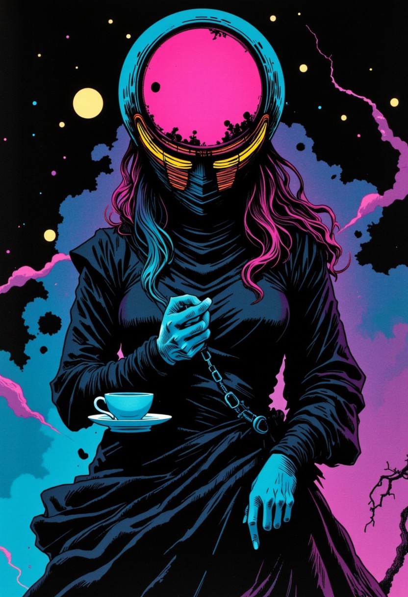 m100-style, a woman with a Planet hat, Closeup Portrait, intricate neon glowing Face lines, Face Closeup Portrait, low quality 1980 movie screengrab, Comic, A furios Ninja serving Tea, atmospheric Mist, billowing very Long whatever colorful, neon ascii Art Background, dystopian, low-key, deep darks, floating in deep dark space