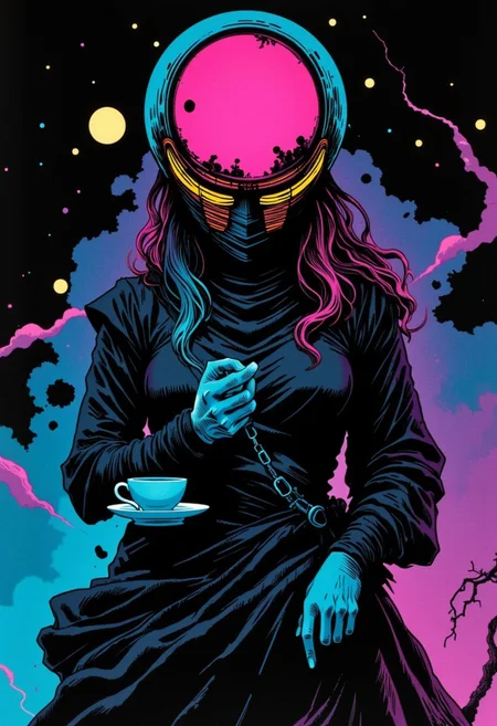 m100-style, a woman with a Planet hat, Closeup Portrait, intricate neon glowing Face lines, Face Closeup Portrait, low quality 1980 movie screengrab, Comic, A furios Ninja serving Tea, atmospheric Mist, billowing very Long whatever colorful, neon ascii Art Background, dystopian, low-key, deep darks, floating in deep dark space