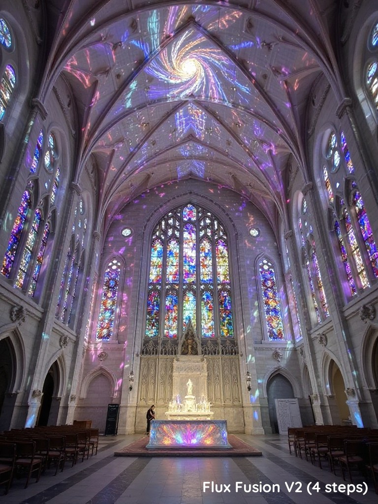 A cathedral made of iridescent crystal. The walls of the cathedral glow with shifting colors, and the stained-glass windows are made of liquid light that constantly changes shape. The ceiling is a swirling vortex of stars and galaxies, and the air is thick with glowing particles that float and dance in the soft light. The altar is made of glowing crystal, radiating a peaceful, calming energy that fills the space. The entire scene feels otherworldly, as if the cathedral exists between dimensions.
