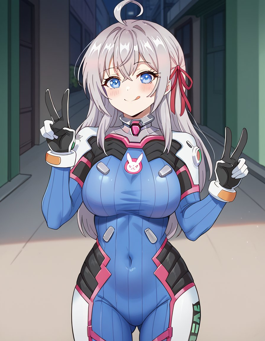 score_9, score_8_up, score_7_up, source_anime, alisamikhailovnakujou, <lora:alisa-mikhailovna-kujou-s1-ponyxl-lora-nochekaiser:1>, alisa mikhailovna kujou, long hair, bangs, blue eyes, hair ribbon, ahoge, grey hair, red ribbon, large breasts,, <lora:overwatch-dva-cosplay-ponyxl-lora-nochekaiser:1>, overwatch dva cosplay, d.va (overwatch) (cosplay), bodysuit, cosplay, covered navel, skin tight, vertical-striped bodysuit, streets, smile, blush, v, v over eye, tongue out, cowboy shot, looking at viewer
