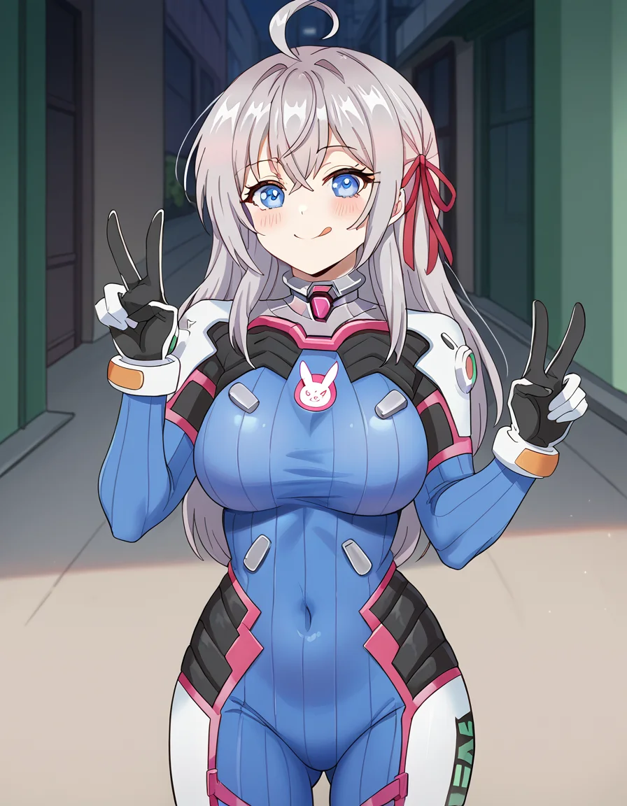 score_9, score_8_up, score_7_up, source_anime, alisamikhailovnakujou, <lora:alisa-mikhailovna-kujou-s1-ponyxl-lora-nochekaiser:1>, alisa mikhailovna kujou, long hair, bangs, blue eyes, hair ribbon, ahoge, grey hair, red ribbon, large breasts,, <lora:overwatch-dva-cosplay-ponyxl-lora-nochekaiser:1>, overwatch dva cosplay, d.va (overwatch) (cosplay), bodysuit, cosplay, covered navel, skin tight, vertical-striped bodysuit, streets, smile, blush, v, v over eye, tongue out, cowboy shot, looking at viewer