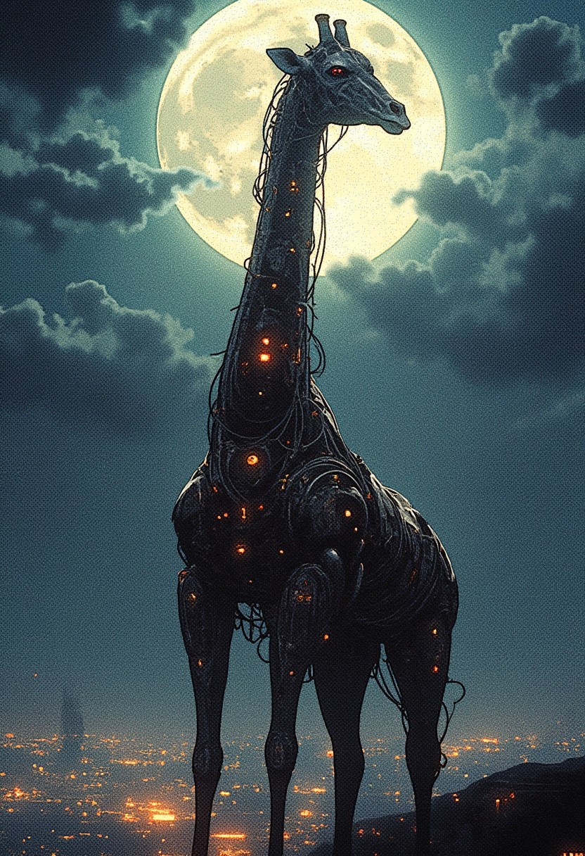 A towering mechanical cyberpunk giraffe stands in the foreground, illuminated by the soft glow of the full moon. Its sleek, metallic body glimmers with intricate details, wires, and glowing circuits. The scene is set in a dystopian nightscape, with a dark, clouded sky and a cold, industrial atmosphere. In the distance, the glowing lights of a sprawling city flicker, casting an eerie light on the horizon. The giraffe's long neck stretches toward the sky, a symbol of both nature and machine in this bleak, futuristic world.