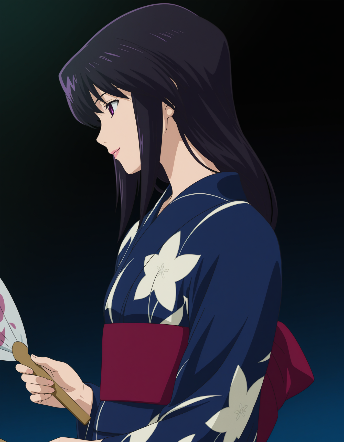 masterpiece, best quality, amazing quality, highres, absurdres, very aesthetic, high resolution, ultra detailed, perfect details,anime coloring, simple background,black background,night,1girl,solo,
<lora:ILL_YehlShizno_lion_e5:1> yehlkimo, long hair, purple eyes,lipstick, black hair, long sleeves,  japanese clothes,kimono,bell, profile, obi, yukata,blue kimono,
floral print, print kimono, holding,hand fan, paper fan, uchiwa,three-quarter portrait, smile,looking at viewer, head tilt,front view, facing viewer,