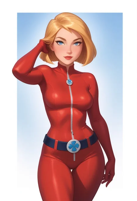 score_9, score_8_up, score_7_up, score_6_up, score_5_up, score_4_up, btimmsketch, cowboy Shot, clover \(totally spies\), blonde hair, short hair, blue eyes, red gloves, red bodysuit, zipper, belt, looking at viewer, standing, pin-up pose, sexy, halftone effect, white borders, abstract background:1.5