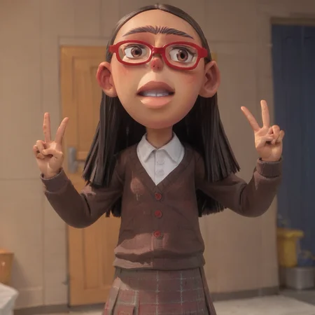 score_9_up, score_8_up, BREAK, SalmaRamsay, 1girl, solo, black hair, long hair, brown eyes, unibrow, red glasses, white shirt, brown sweater, skirt, cowboy shot, double v, <lora:SalmaRamsay_PXL_Leaf1:0.8>, depth of field, indoors,