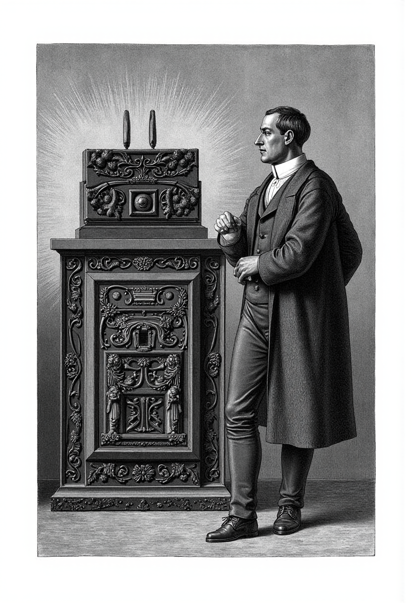 A mezzotint etching of Alan Turing standing beside a computer, pondering the possibilities of artificial intelligence.