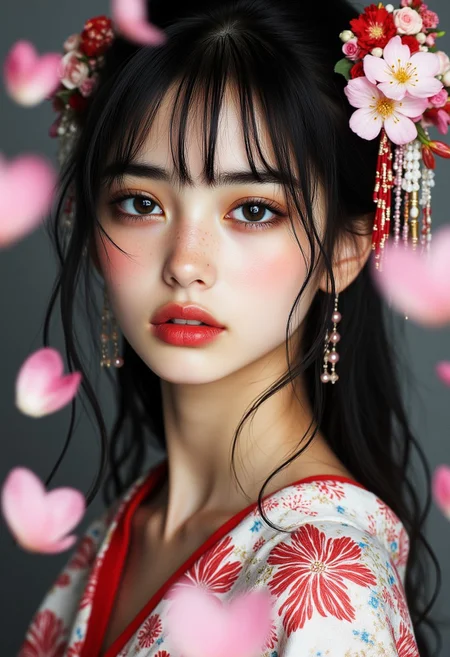 midjourney_whisper_innocent_eyes, portrait of stunningly beautiful Japanese princess, dark eyeshadow, make-up, red lips, long dark hair, hair ornaments, earrings, necklaces, exquisitely oatterned kimono. Sakura petals fall randomly in the air