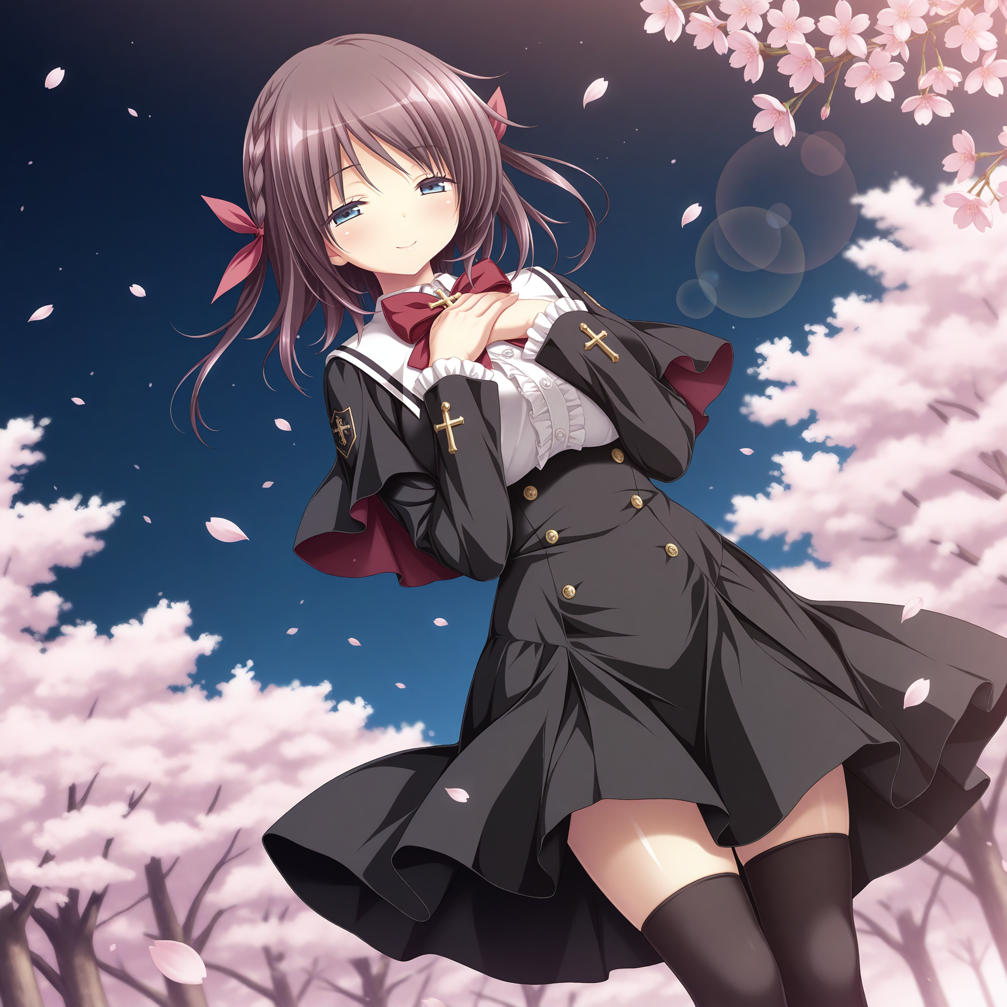 <lora:Umino_Akari_1_nai-000007:1>,Umino Akari,braid,hair ribbon,red ribbon,
school uniform,black thighhighs,long sleeves,black dress,red bowtie,black capelet,cross brooch,white sailor collar,center frills,white frills,frilled sleeves,
1girl,solo,smile,standing,looking at viewer,front view,wind,own hands together,hands on own chest,floating hair,night,cherry blossoms,falling petals,depth of field,lens_flare,simple background,dutch angle,half-closed eyes,