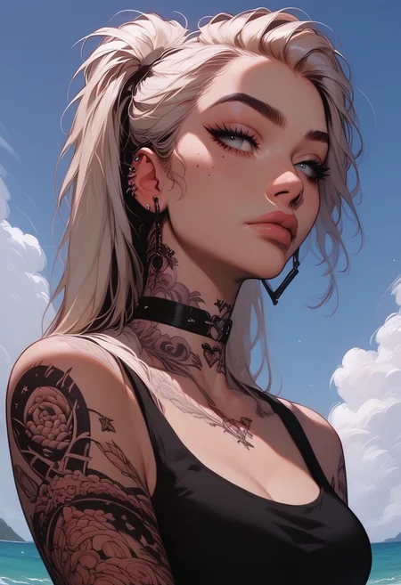 Score_9, Score8_up, Score_7_up, (((High Resolution, Best Quality))), 
1girl, solo, Covered in Tattoos, her hand on her head, brushing hair behind ear, 
Tanktop, cutoff, choker, 
On a Cliff overlooking a beach, Cloudy Sky,