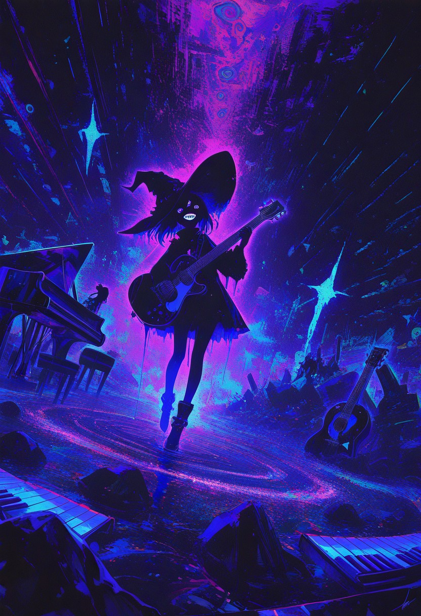 HDR, 8K, surreal , high contrast , colorful , concept , abstract , abnormal ,absurd , rock & roll theme , witch hat , @.@ , sharp teeth , glitches , guitar , power slide , dynamic angle , dynamic view , energetic , lively , Piano Sonata No. 8 in C minor, Opus 13 ("Pathétique"), 3rd Movement, Rondo: Allegro ,dripping effect ,
masterpiece, best quality ,amazing quality ,15546+456868, usnr , xxx667_illu ,