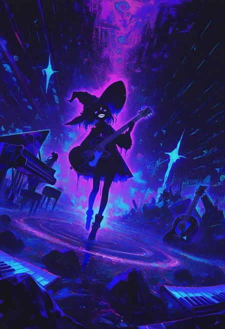 HDR, 8K, surreal , high contrast , colorful , concept , abstract , abnormal ,absurd , rock & roll theme , witch hat , @.@ , sharp teeth , glitches , guitar , power slide , dynamic angle , dynamic view , energetic , lively , Piano Sonata No. 8 in C minor, Opus 13 ("Pathétique"), 3rd Movement, Rondo: Allegro ,dripping effect ,
masterpiece, best quality ,amazing quality ,15546+456868, usnr , xxx667_illu ,