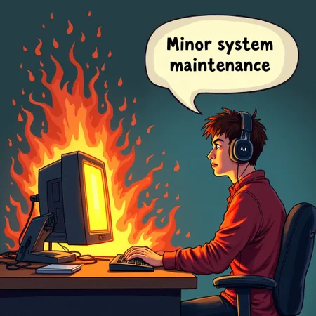 Realistic Photo of nerdy college techie at burning computer, a large speech bubble says "minor system maintenance"