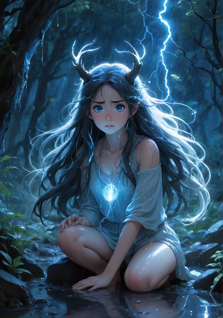 2D anime style, inspired by Studio Ghibli, ethereal young woman with long flowing hair, leaning to the rock nearby kneeling in a magical forest during a thunderstorm, surrounded by glowing blue energy. She has expressive, teary eyes filled with sorrow and determination. Her delicate, glowing horns crackle with electricity, reflecting her inner turmoil. The detailed background features lush, mystical plants and softly glowing lights, with raindrops creating ripples in the puddles around her. The atmosphere is serene yet tense, capturing the emotional moment of her awakening to newfound powers, feeling both fear and empowerment. High detail and complexity