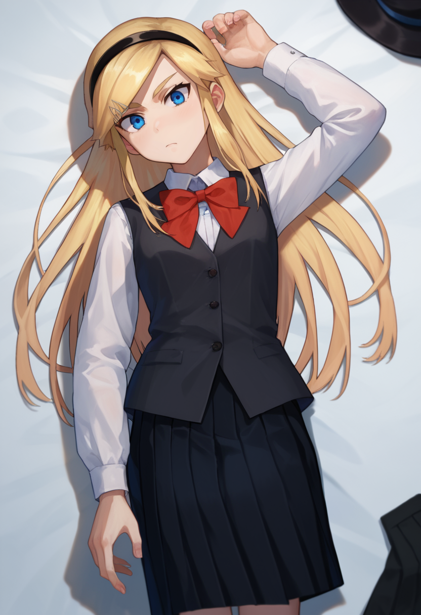 score_9, score_8_up, score_7_up, 1girl,  Kojikira, blonde hair, long hair, blue eyes, hairband, hairpin,  red bowtie, black vest, white shirt, black skirt, on back,    <lora:Akira-000008:1>