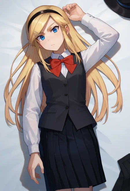 score_9, score_8_up, score_7_up, 1girl,  Kojikira, blonde hair, long hair, blue eyes, hairband, hairpin,  red bowtie, black vest, white shirt, black skirt, on back,    <lora:Akira-000008:1>