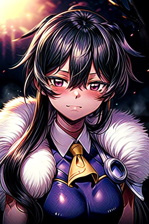 best quality 1girl Setsun4 solo long hair,  (night time) forest background black hair very long hair purple eyes multicolored hair armor, small, (fur trim) (medium body),<lora:EMS-179-EMS:0.800000>,<lora:EMS-293862-EMS:0.800000> bow, hair_bow, hair_tubes, red_bow, brown_hair, long_hair, bangs, ascot, frilled_bow, yellow_ascot, blush, smile, hair_between_eyes, athletic, armor, miko, strengthmda,  Smiling, happy, winged helmet
