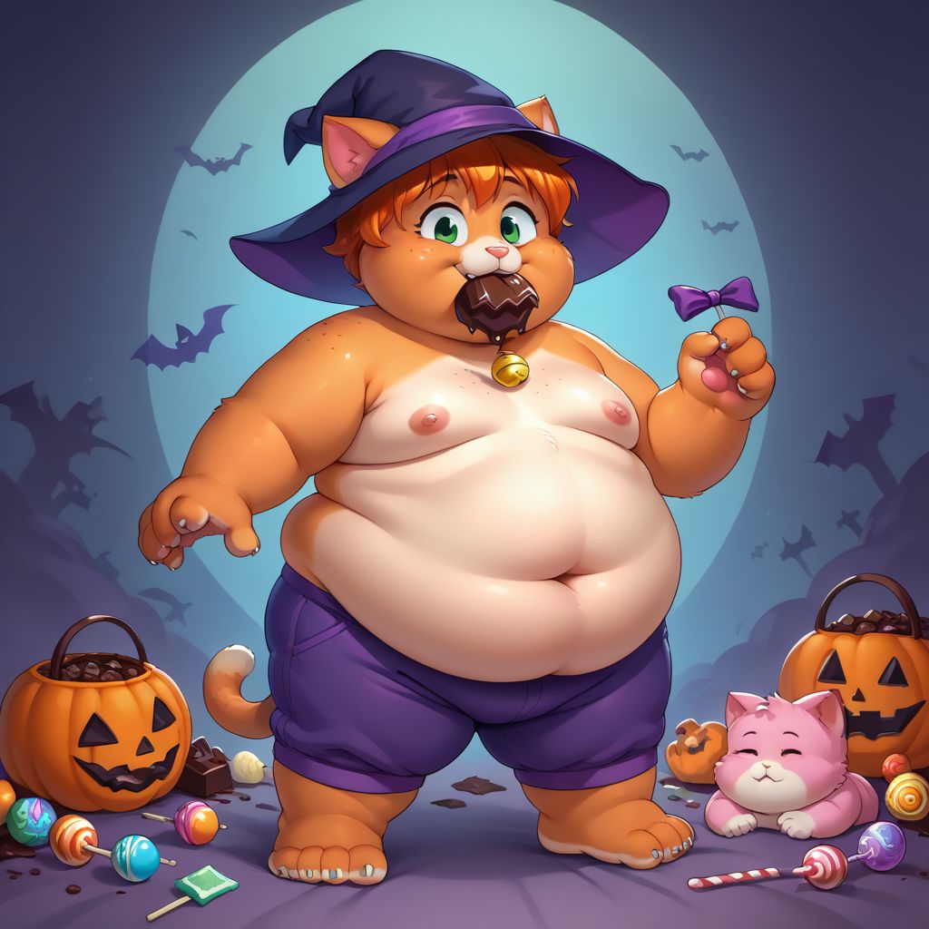 score_9, score_8_up, score_7_up, source_anime, candy everywhere, eating chocolate, white skin, standing in a pile of candy, full of candy, freckles, cat ears, cat tail, cat paws, orage fur, furry anthro, halloween candy, easter chocolate, 1girl, covered in chocolate, wearing witch costume, wearing purple sweatpants, witch hat, fat thights, barefoot, soles, face covered in chocolate, fat, belly overhang, happy mood, happy expression, smile, ginger hair, fat arms, fat legs, double chin, green eyes, fat chest, messy hair, tired, halloween theme, chibfurri, five toes, cub.
