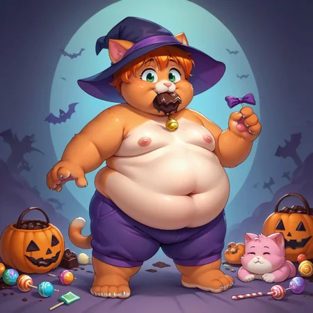 score_9, score_8_up, score_7_up, source_anime, candy everywhere, eating chocolate, white skin, standing in a pile of candy, full of candy, freckles, cat ears, cat tail, cat paws, orage fur, furry anthro, halloween candy, easter chocolate, 1girl, covered in chocolate, wearing witch costume, wearing purple sweatpants, witch hat, fat thights, barefoot, soles, face covered in chocolate, fat, belly overhang, happy mood, happy expression, smile, ginger hair, fat arms, fat legs, double chin, green eyes, fat chest, messy hair, tired, halloween theme, chibfurri, five toes, cub.