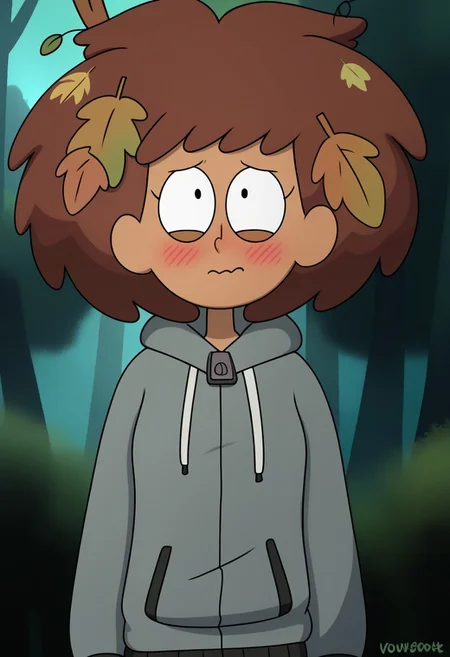 nocunoctstyle, flatcolor, noann, solo, upperbody shot, leaves in hair, grey hoodie, uncomfortable, forest