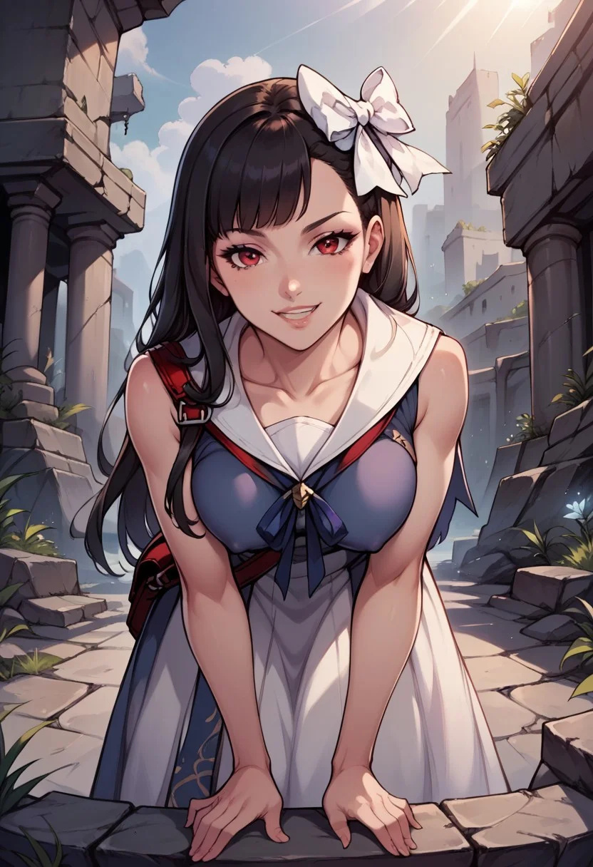 LouiseNR, 1girl, solo, black hair, long hair, bangs, red eyes, white bow, hair bow, lips, pale skin, red bag, sleeveless dress, white dress, dress ornament, white sailor collar, breast, ribbon, shoulder bag, white footwear,
seductive pose, sexy pose, tease, in the spotlight,,
smile, ruins, leaning forward,hanging breasts,
score_9, score_8_up, score_7_up, beautiful aesthetic, very intricate, high quality details,vibrant, highly detailed, award-winning, professional,anime artwork, anime style, studio anime, athletic, curvy body, athletic girl, perky tits,large breast,perfect tits, round breasts, nipple outline,looking at viewer, pinup pose,teasing, dynamic lighting, cinematic, smug, better than you, aura of temptation, highly detailed, high resolution, masterpiece, detailed clothes, detailed background, highly detailed, ((sound effects)) comic layout,
