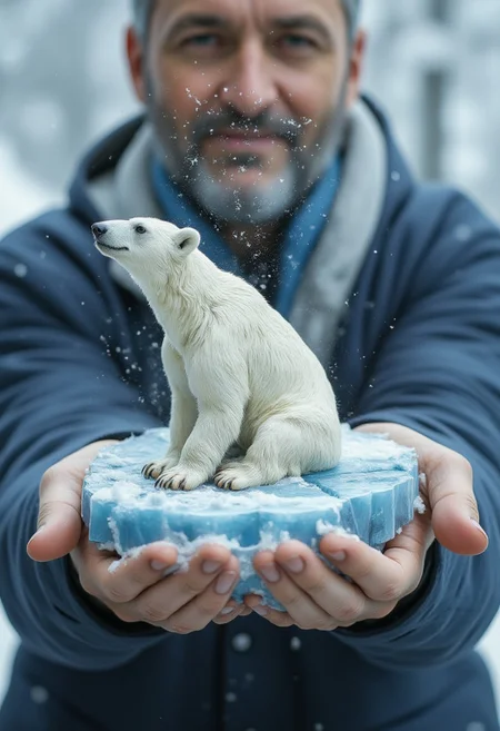 Miniature diorama of a polar bear sitting on an ice floe in the snow, held in the hand of a man, with snow falling above the diorama
