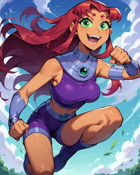 score_9, score_8_up, score_7_up, 1girl, solo, starfire, tan skin, flying, dynamic pose, happy, looking at viewer, dynamic view, dynamic angle, outdoors, sky, <lora:Starfire_PonyXL:0.9>