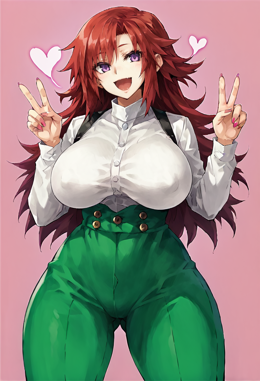 score_9, score_7_up,  1girl, 
solo, huge breasts, wide hips, thick thighs, white panties, high-waist pants, thighs, long sleeves, high-waist skirt, breasts, hair intakes, green pants, pantyshot, open mouth, purple eyes, v, looking at viewer, covered nipples, panties, smile, skirt, cowboy shot, pink background, pink nails, nail polish, shirt, red hair, white shirt, :d, pants, hands up, miniskirt, heart, underwear
 <lora:Konoe-Otsugu-Style-PonyXL-GLoRA-000046:1>