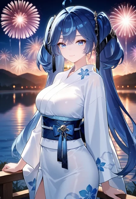 masterpiece, best quality, amazing quality,iuno, blue eyes,dark blue hair,ahoge, twintails, long hair, 1girl, solo, breasts,japanese clothes, yukata,white kimono,light smile, standing, looking at viewer, cowboy shot, outdoors, lake, aerial fireworks, night, blurry background <lora:iunoV1:0.9>