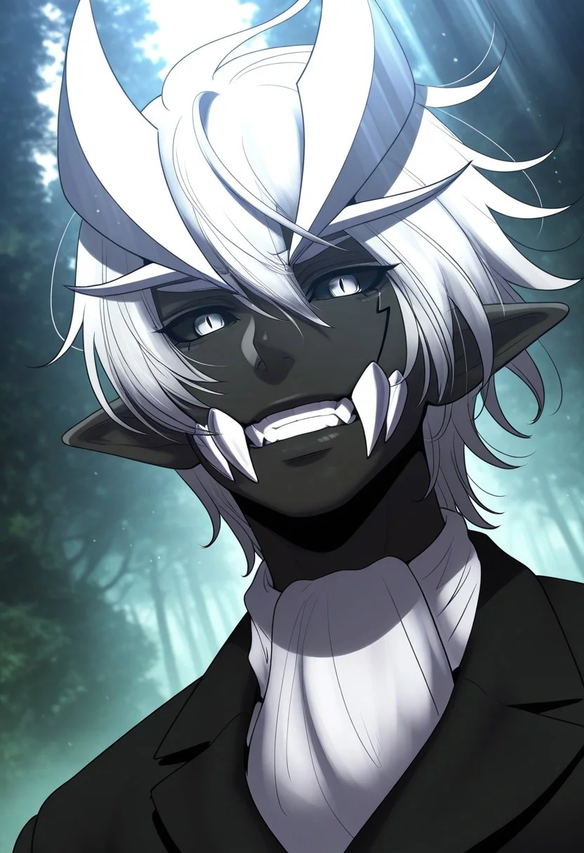 HDR, 8K, high contrast, masterpiece, best quality, amazing quality, very aesthetically pleasing, superabsurd res, high resolution, ultra-detailed, absurdres, latest, landscape, light rays, chiaroscuro, dynamic angle, Dutch angle, close-up, 1boy, Ipos, pointed ears, black skin, teeth, white horns, black sclera, white eyes, narrow pupil, white hair, black suit, white gloves, BREAK, beautiful detailed eyes, detailed skin, detailed hair, volumetric lighting,