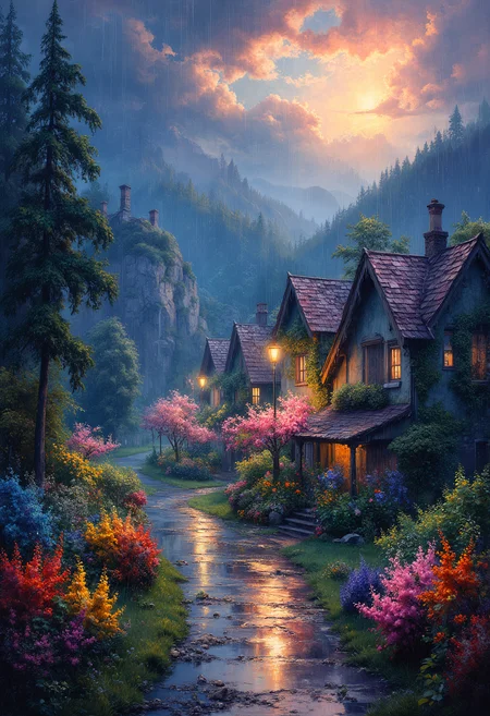 A beautiful Rainy Country Village, Vibrant Glow