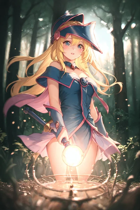 dark magician girl, mksks style, (very detailed background:1.0), (highly detailed background:1.0), masterpiece, best quality, (1girl), solo, (forest), long hair, blonde hair, blue headwear, wizard hat, spell casting, nature, trees:1.2, motion blur, magic, (moonlight:1.2), chromatic aberration, depth of field, soft lighting, highly detailed face, highly detailed eyes, <lora:dark_magician_girl_offset:1>, <lora:dpep2 768:0.7>