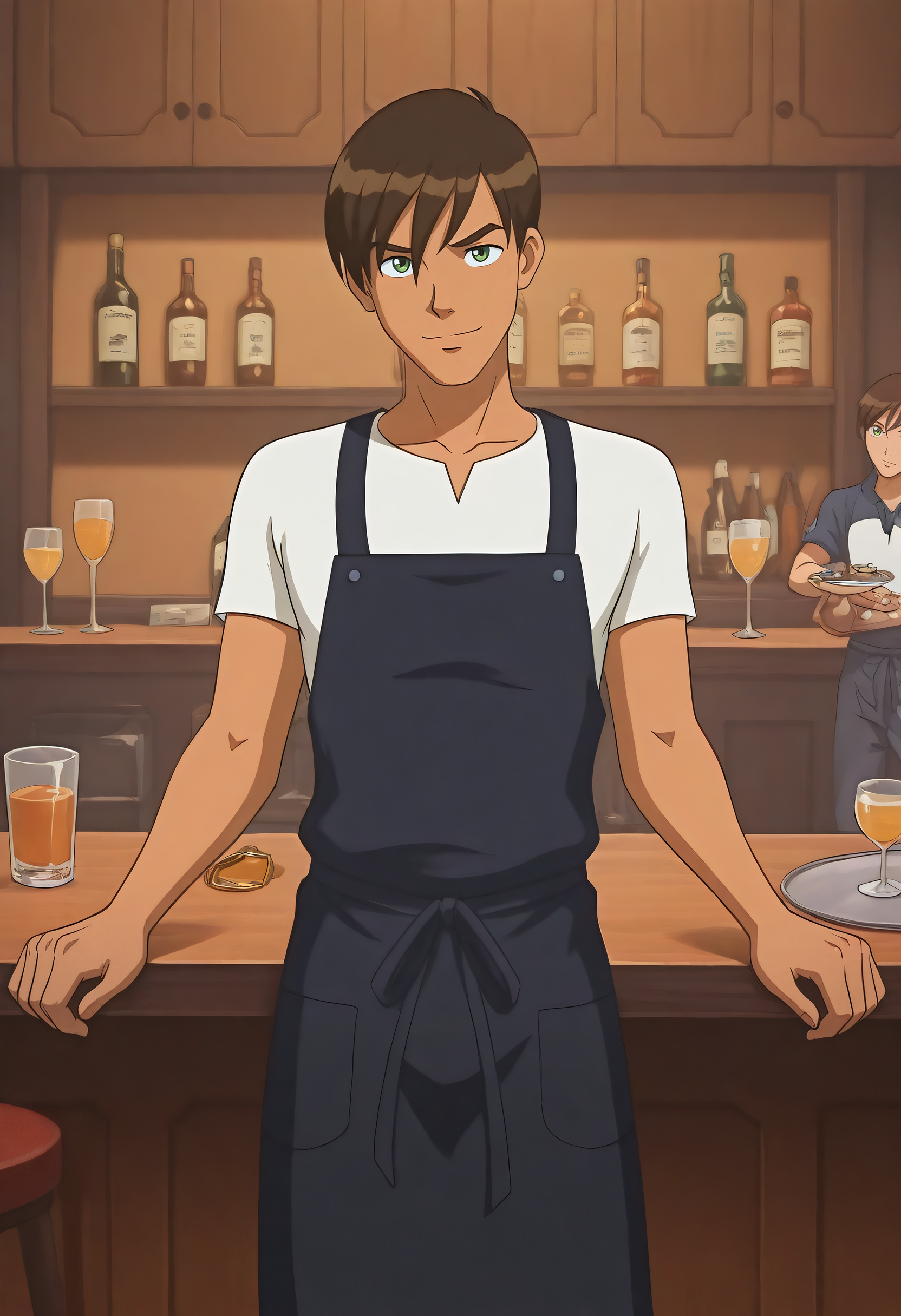 (1boy), david_ts!, brown hair, straight hair, green eyes, tanned skin, slim body, white shirt, short sleeves, apron, bar, liquor, stand behind a cabinet, counter, serving drinks, drinking straws, drinking glasses, look at viewer, best quality, high resolution, masterpiece.