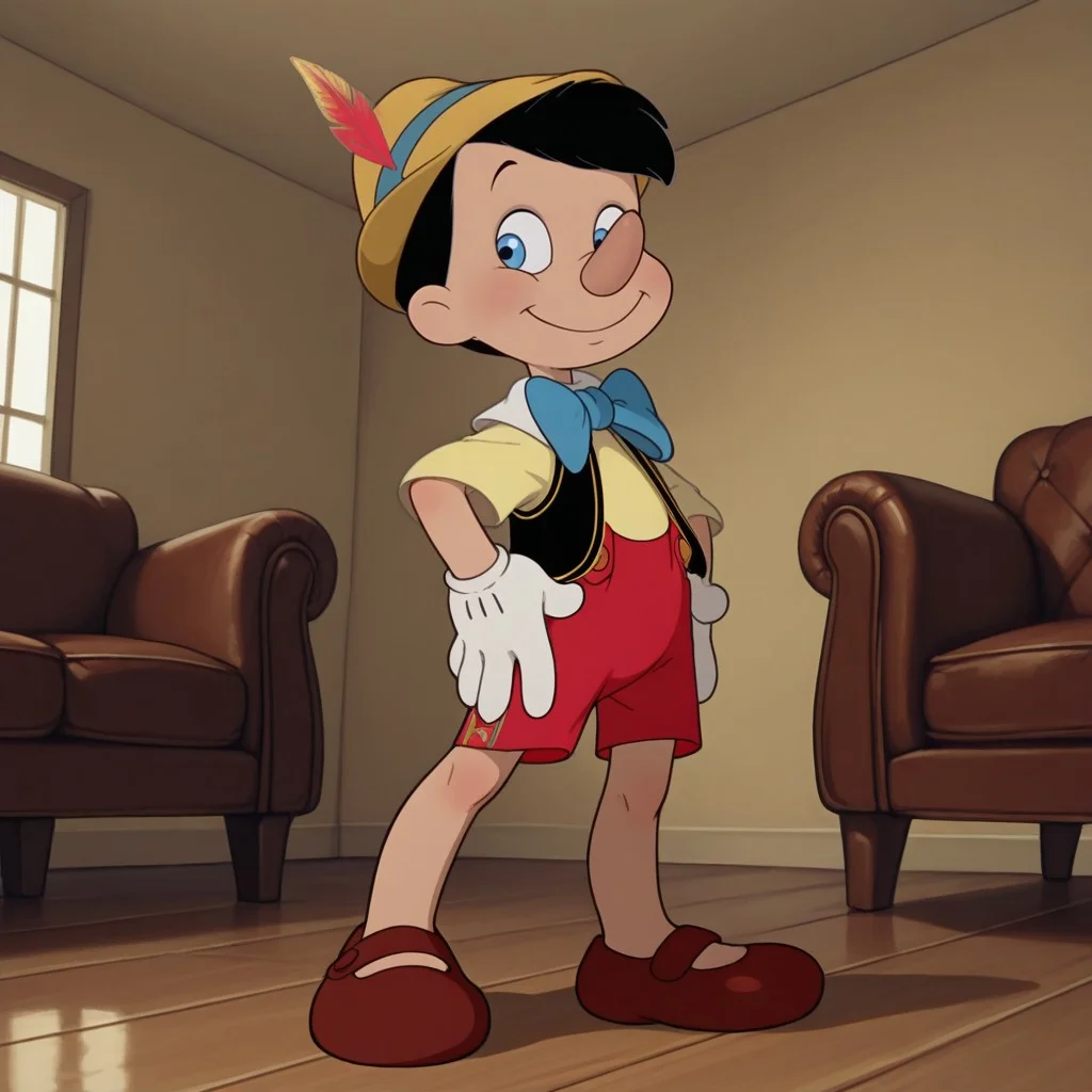 masterpiece, best quality, amazing quality, official artstyle, pin0cch10, male, humanoid, solo, young, black hair, short hair blue eyes, long nose, short, yellow feathered hat, blue bowtie, white collar, yellow shirt, black vest, white gloves, red suspenders, brown shoes, standing, smile, indoors, living room