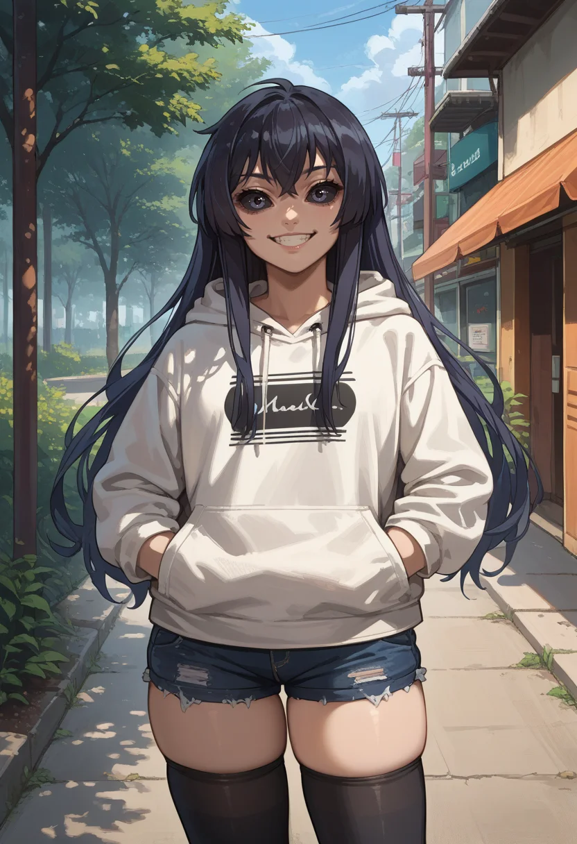 score_9, score_8_up, source_anime, 1girl, solo, KureKarura, black sclera, long hair, white hoodie, denim shorts, black thighhighs, skindentation, hands in pockets, outdoors, smile, smug, <lora:ChamKureKaruraPonyXL:1>
