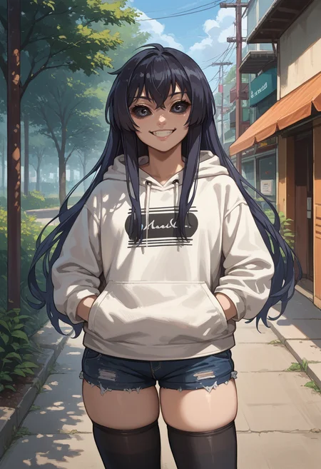 score_9, score_8_up, source_anime, 1girl, solo, KureKarura, black sclera, long hair, white hoodie, denim shorts, black thighhighs, skindentation, hands in pockets, outdoors, smile, smug, <lora:ChamKureKaruraPonyXL:1>