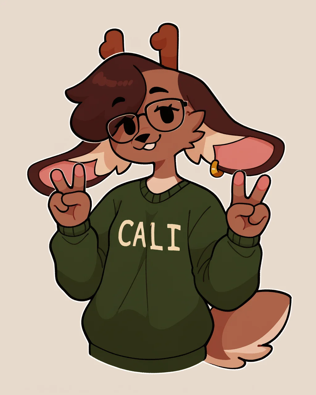 score_9_up, score_8_up, score_7_up, score_6_up, half-length portrait, small breasts, furry, female, furry female, brown hair, dot eyes,  jackalope, antlers, green topwear, green sweater, short hair, female, tail, v sign,  glasses, spats, looking at viewer, solo, earring, neutral expression, socks, three-quarter view, head tilt, simple background, white outline, <lora:Leah_Pines(AIM)_XL_v1:0.15> <lora:PDXL_artist_tags_v2_big:0.5> <lora:The-Minuscule-Task_PDXL_v1.0:0.6>  <lora:Bun_bunhearts:0.6>