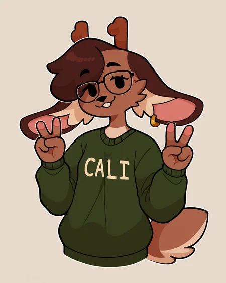 score_9_up, score_8_up, score_7_up, score_6_up, half-length portrait, small breasts, furry, female, furry female, brown hair, dot eyes, jackalope, antlers, green topwear, green sweater, short hair, female, tail, v sign, glasses, spats, looking at viewer, solo, earring, neutral expression, socks, three-quarter view, head tilt, simple background, white outline, <lora:Leah_Pines(AIM)_XL_v1:0.15> <lora:PDXL_artist_tags_v2_big:0.5> <lora:The-Minuscule-Task_PDXL_v1.0:0.6> <lora:Bun_bunhearts:0.6>