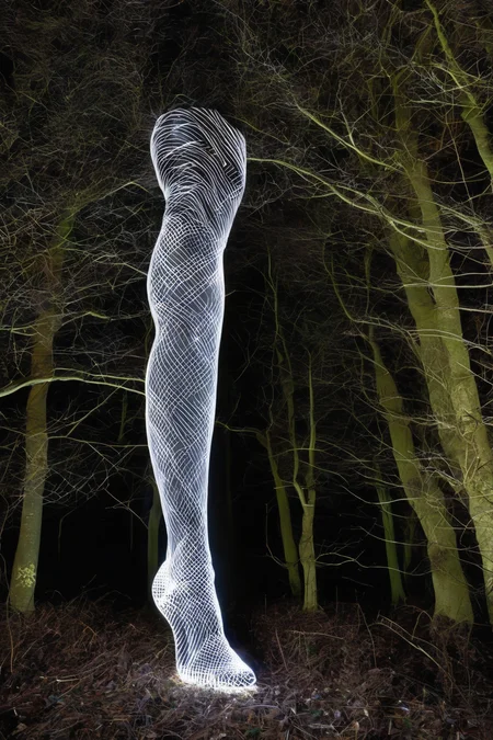 <lora:Photographer Martin Kimbell Style:1>Photographer Martin Kimbell Style - a sculpture of a woman's leg in the woods at night with lights shining on it